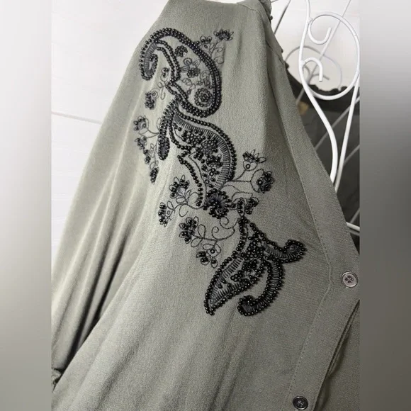 Democracy Olive Blouse with Black Floral Detail - Picture 3 of 8